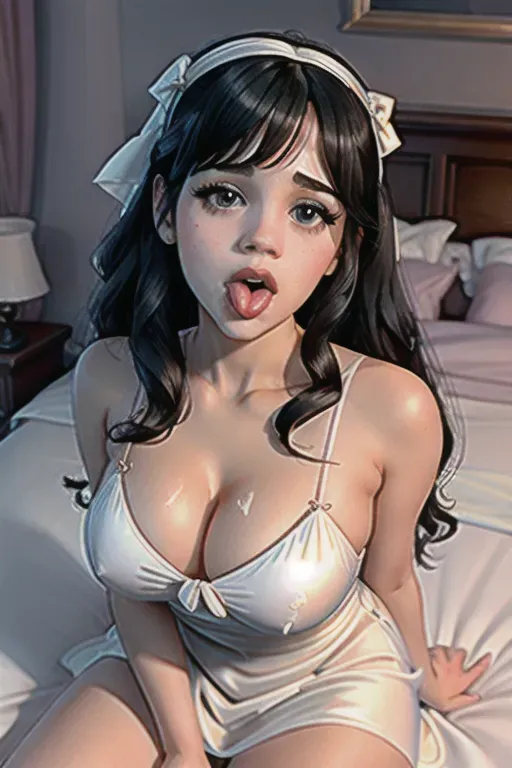 dpmg_jenna_ortega_v1,sitting,on the bed,natural breasts,five slender fingers,curly hair,beautiful face,beautiful lips,blue eyes,curved eyebrows,smooth skin,romantic,wearing golden ring,cgsociety,ultra realistic,artstation,pixiv,surreal,wearing white satin dress,orgasm face, horny eye, dpmg_awaitingtongue_v1, full body, cum covered, cum in hair, cum in mouth, com on body, cum leaking, hands tied behind back, handcuffed, cum covered, cum