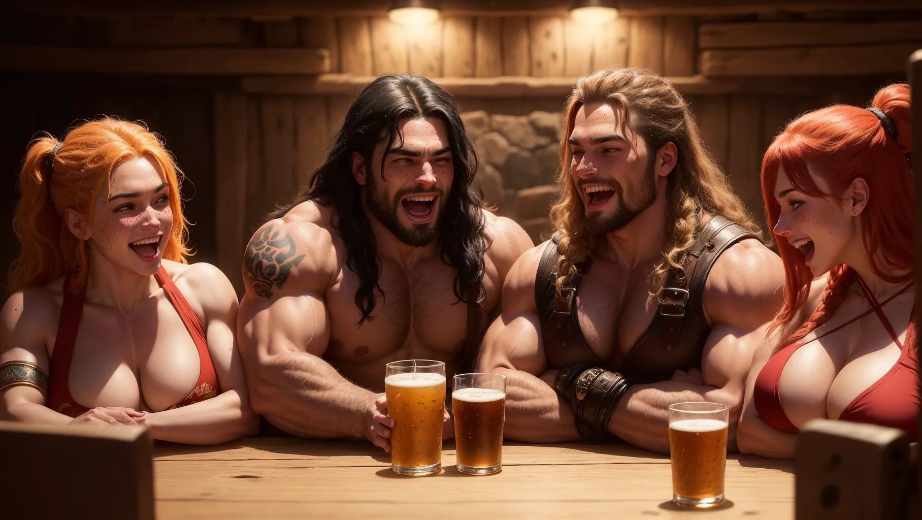 A professional photograph,
((1 man is a (strong:1.4) barbarian (24)), he wears his barbarian outfit, (laughing:1.2), ((extremely muscular:1.3)) and athletic, messy long hair),
((1 woman is a (strong:1.4) (barbarian) (28)), ((laughing:1.1)), she wears her (sexy) barbarian outfit, (underboobs:1.2), ((extremely muscular:1.3)) and athletic, (freckles:1.3), highly detailed skin, messy long hair, ((perfect perky breast)), barbarian wrist, relaxed),
they are seated in a crowded tavern and drink pints of beer, they look drunk, each character has a pint of beer, fantasy,
cinematic composition, photon rendering, UHD, HDR, (warm colours), (highest quality:1.8), highest resolution, (photorealist:1.72), (photorealism:1.72), (masterpiece:1.18)