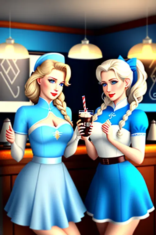 beautiful, Nordic, Anna and Elsa of Arendelle at a 1950 style sock hop. high ponytails tied with a hair scarf. Malt shop. Jukebox. poodle skirts. Elvis. Retro Diner.
Elsa in blue. Elsa platinum blond hair.
Anna in soft green. Anna with auburn hair. ultra realistic. High res. poodle skirts. Seated at the malt shop counter sharing a chocolate shake.