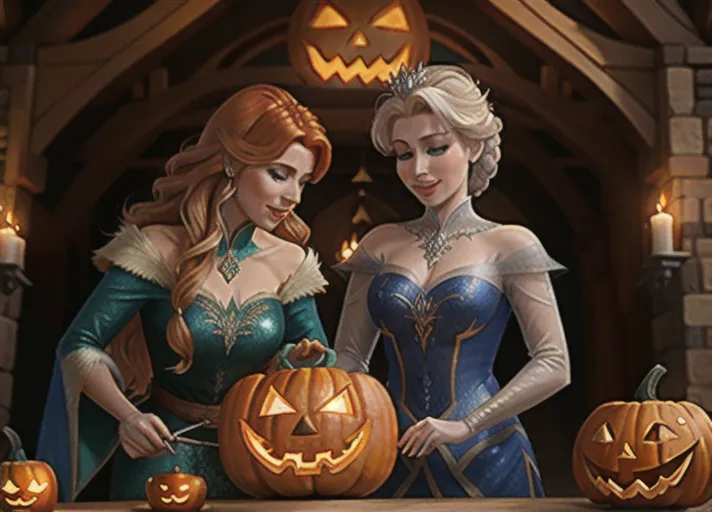Beautiful auburn haired Queen Anna and platinum haired Elsa of Arendelle scooping out jack-o-lanterns. photorealistic.
