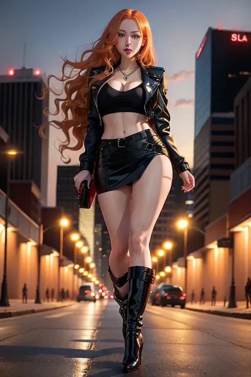 full body, strawberry blonde hair, hazel eyes, short girl, black miniskirt, black high heel boots, looking at viewer, long hair, pale skin, silver necklace, red crop top, 24 years old, giant breasts, cute face, pov, wavy hair, city environment, Oklahoma City, wide eyes, erotic, skirt tug, leather jacket, nighttime, black backpack