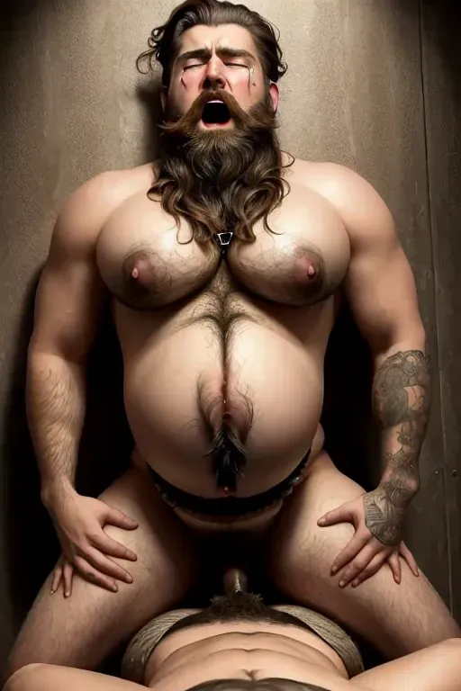 Hyperrealistic, dramatic, Naked bearded man with a pussy and breasts, butt fucked, screaming, crying, rape, forced, tied up, full body, pussy visable, pregnant, woman with a dick