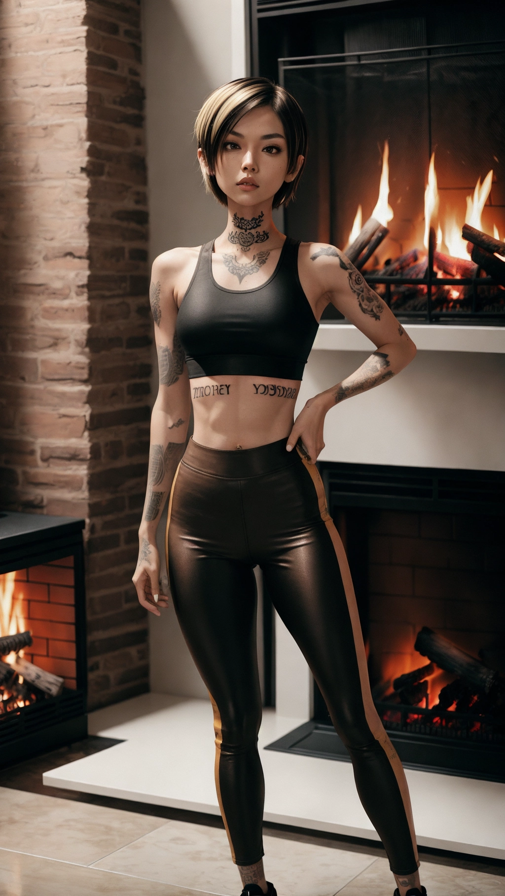 Skinny woman with short brown emo hair with blonde highlights, crop top, tight fitting pants, tattooed, standing next to the fireplace,