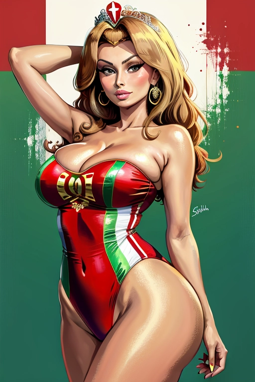 ((painting)),
(beautiful woman),
(((features of Sophia Loren))), as an Empress, perfect face, detailed face, beautiful nipples:1.2), natural blonde hair,
((wearing a one-piece leotard in the red white and green colours of the Italian flag)), in a football stadium
masterpiece