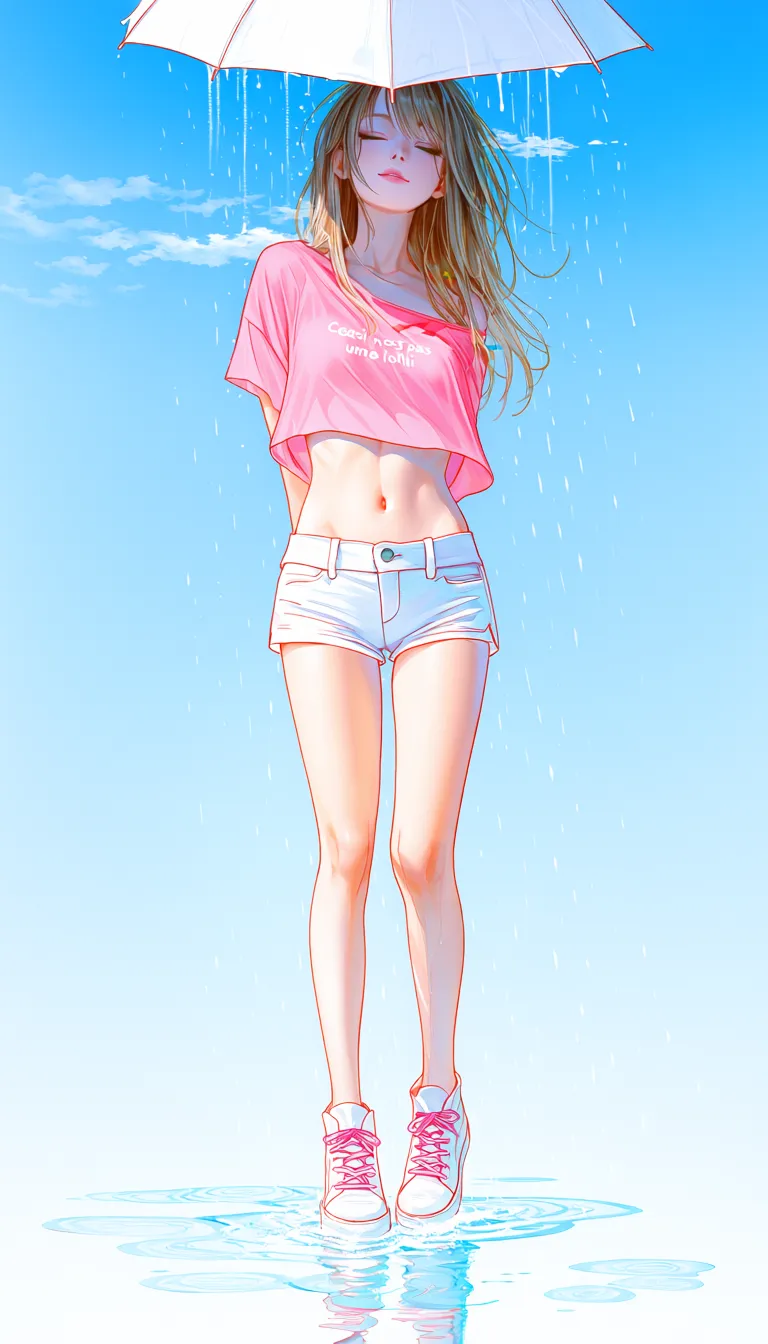 @xy11x, surreal,
masterpiece, best quality, high quality,
watercolor \(medium\), high contrast, expert shading, precise brushstrokes,
1girl, solo, dark-blonde hair, green eyes, nose, eyebrows, long lashes, shade, cheeks, lips, realistic facial features, pink cropped shirt, small low-waist shorts, white sneakers with pink laces,
sexy pose, short thin frame, slender body,
shirt pull, navel,
under an umbrella, in upper third of image clear blue sky, small clouds and bright sun, in the lower part of the image, under umbreall a pouring rain from under the umbrealla falls on girl, soaking her entirely, small pool of water under her feet, hair wet and clumped, raindrops everywhere, makeup running,
text on shirt in French spelling exactly:
"Ceci n'est pas une loli",
weird ever chaniging background, glitch, outer world, lighstreaks and natural elements,
super detailed, realistic, skin texture, pores, realistic strands of hair, anatomy, body relief,flat stomach, pubic zone, ribs, hipbones, thin waist, thigh gap, knees, ankles,
tiny wrinkles, creases on skin,