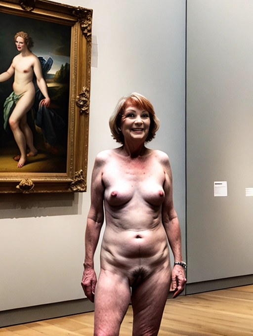 naked mature middle aged lady is casual as a naked tour guide at an art museum