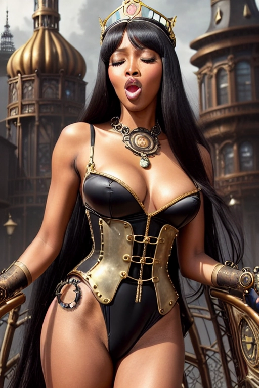 a photograph of a young Naomi Campbell dressed as an empress, ((full body and legs visible)) seductive, wearing crown and ((leotard)), natural breasts, standing in an ((alternative steampunk)) cityscape wearing necklace, five fingers per hand, beautiful face,beautiful lips,curved eyebrows,curved eyelid,satisfaction,highly detailed,sharp focus,cgsociety,cinematic lighting,pixiv, She is being overcome by a powerful (((sneezing fit))) which is making her ((sneeze uncontrollably)) with ((nostrils flaring)), ((eyes closed)) and ((mouth wide open))