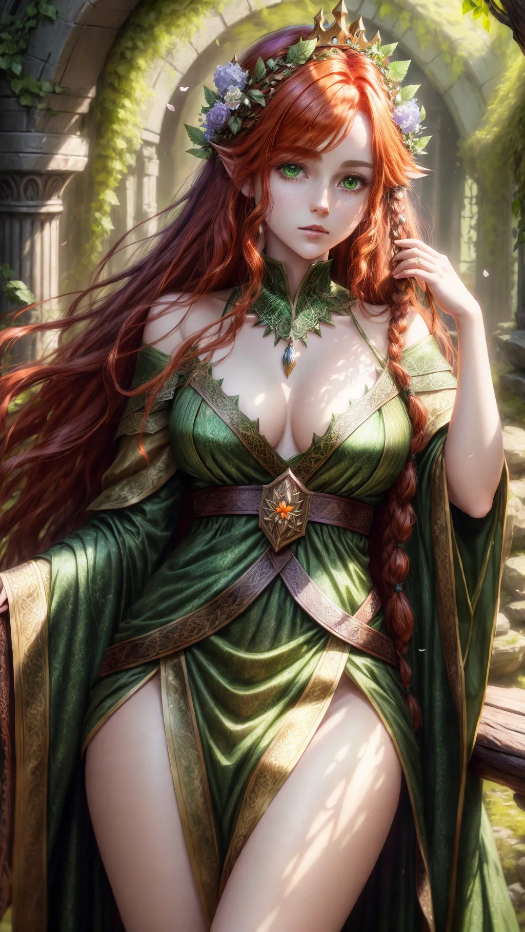8k, raw photo, masterpiece, dungeons and dragons, druid character, auburn hair, long flowing hair, green eyes, lithe figure, natural aura,
Revealing dress made of leaves, blossoms, petals, vines, crown of flowers, clothing exposes vagina,
Cute, large breasts, exposed vagina, auburn pubic hair,
Absurd res, highly detailed, fantasy background, pixiv, cinematic lighting, sharp focus, <lora:dpmg_add_detail:1>, <lora:crotchless:1>,