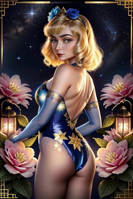 Colour picture of a young Constance Bennett, accurate face, in a flower garden at night, starry sky, lit by lanterns, elaborate blue and gold patterned (((leotard))), ass pose, beautiful face, standing, fit, highly detailed, correct human anatomy, looking at viewer, front, closeup,