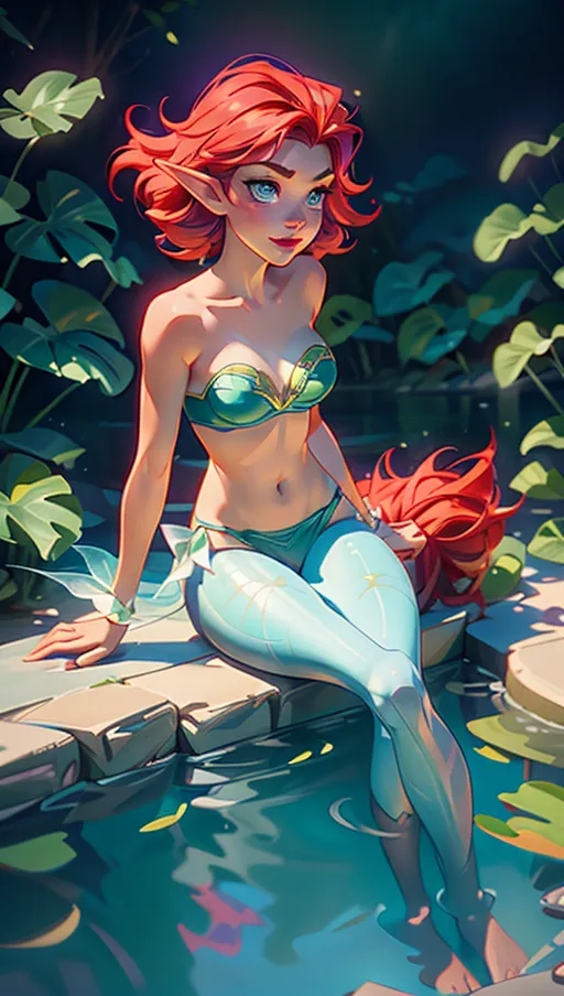 a beautiful elf woman cosplayed like a sexy Ariel with a ((purple) strapless shell shaped bikini) and (a green mermaid tail) is talking to a lobster, ((seated) in front of a large fish pond), ((long:1.8) red hair flying in the wind), warm smile, beautiful red lips, beautiful blue eyes, (beautiful face), highly detailed, ((beautiful d-cup breast)), close-up face, soft edges, ((clear lines)), (cinematic lighting), <lora:dpmg_add_detail:0.9>, crabs walking around, ((cinematic composition)), Disney atmosphere, f1.4, 8k, UHD, HDR, vivid colours, bokeh, (highest quality:1.8), highest resolution, (photorealist:1.72), (photorealism:1.72), (masterpiece:1.18), --s 250 --niji