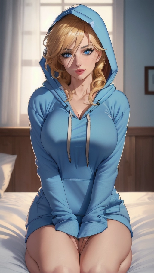 woman, (cute face), (((wearing only open light blue hoodie))), (vibrant colors), blonde hair, 4k, 8k, 16k, hdr, (super realistic), bright lighting, blue eyes, ((realistic face)), ((realistic hair)), realistic eyes, realistic clothing, realistic skin, realistic nose, bokeh, red lipstick, realistic mouth, realistic lips, realistic vagina, realistic anatomy, cozy, messy hair, on bed, uhd, ((best quality)), (((extreme detail))), realistic breasts, realistic nipples, ((hood is kept down)), (sleeves rolled up), high contrast, ((professional quality)), realistic hands, ((photorealistic)), breasts exposed, pussy exposed, ((masterpiece)), cinematic