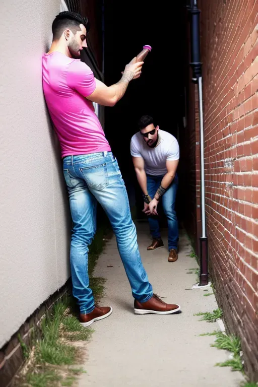 high definition image, best quality resolution, 1 very handsome stylish (thirty-something short-haired Arab) man in a suit bends over a (tall lean tired looking short haired blond Caucasian Scandinavian, jeans and t-shirt, ass and penis exposed pants around his knees) younger rugged Scandinavian man in an alley, fucks his (sparse hair, pink, leaking) asshole with his thick veiny ((very detailed)) penis against a brick wall ((((2 men having rough anal sex in an alley pov))))