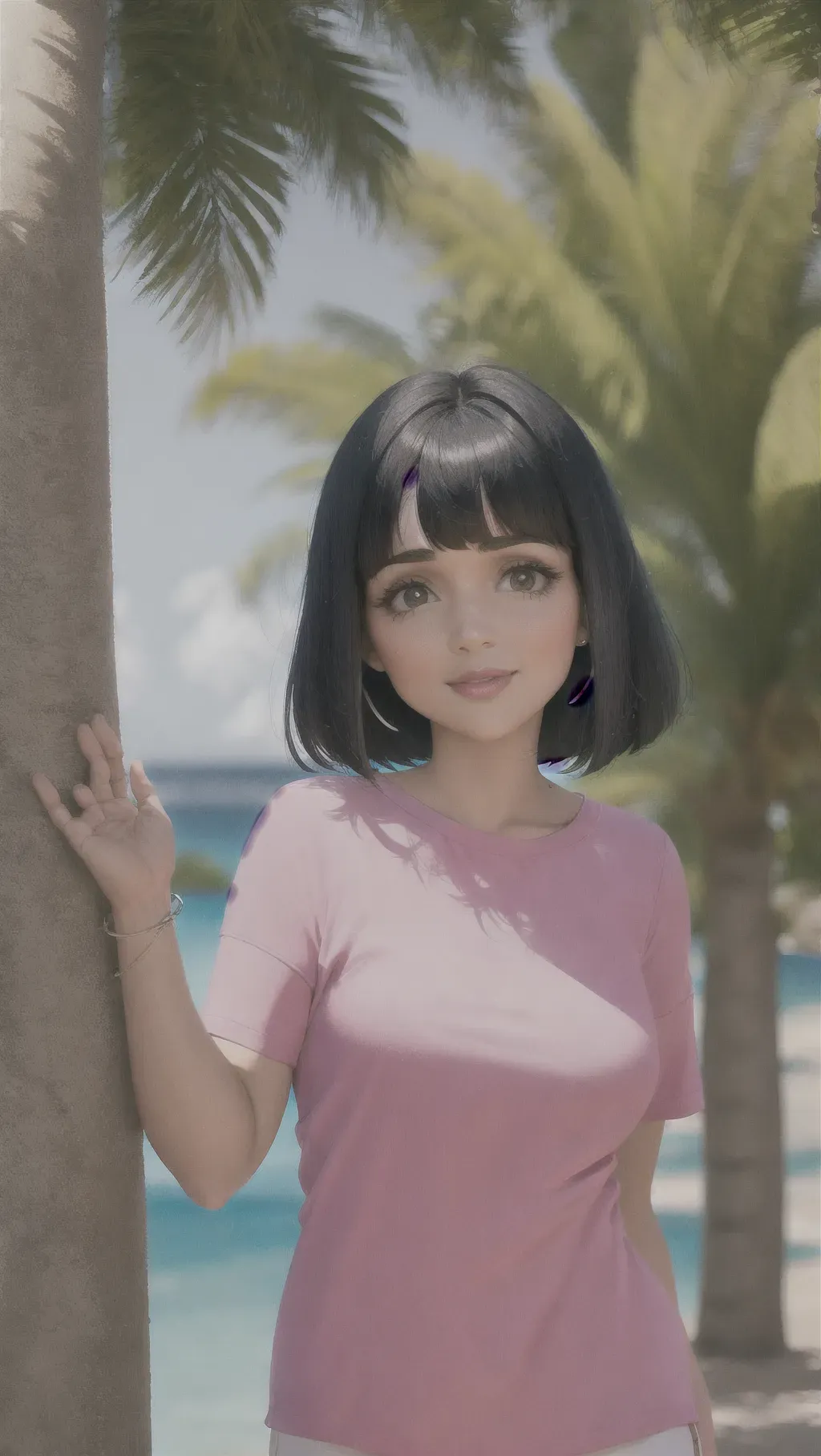 Adult Dora the explorer,looking into camera