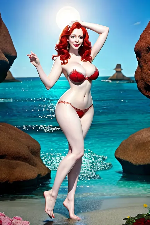 christina hendricks cosplaying as Ariel from The Little Mermaid, small tits, skinny, no bra