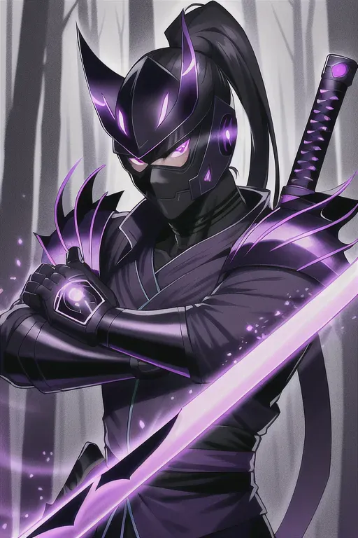 Ninja, full face mask, black, glowing purple accents, with a sword, male, 8k wallpaper, best quality, ultra hd, global lighting, hi-resolution, high quality, highly detailed, in a dark forest