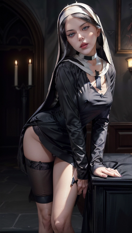 digital art, bold sketch, style of Larry Elmore, outstanding face and waist portrait of a beautiful and sexy nun (Nicole Meyer:1.2), (accurate and detailed face:1.2), (small breasts with erect nipples:1.2), sensual smile with open mouth showing some nice white teeth, (black eyeliner:1.4), full and pouty red lips, athletic body, tight bottom, (blue eyes watching the viewer:1.4), (short black hair:1.1), black choker, lace stockings, garter, garter belt, slender legs,
(black and white nun outfit withour hood:1.4), (dramatic and sexy pose:1.2), tilted head, interior of old stone convent lit up by candles,
best quality, perfect lighting, great shadows, cinematic composition, beautiful lips, perfect lips, perfect eyes, vivid colors, highest quality, highest resolution, (photorealist:1.2), (photorealism:1.2), (masterpiece:1.4), <lora:dpmg_add_detail:1.2>, (front view with focus on face and waist:1.1),