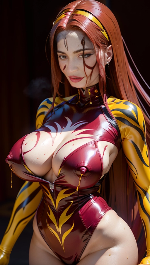 ((Burgundy red and yellow symbiote girl)), ((hair-raising symbiote)), ((burgundy red and yellow symbiote goo)), ((((burgundy red long hair with yellow strands)))), ((red and yellow symbiote goo suit)), (yellow strands), (((((symbiote goo hair))), ((((burgundy red and yellow symbiote goo body)))), ((huge burgundy red and yellow symbiote goo boobs)), burgundy red hair, very very long hair