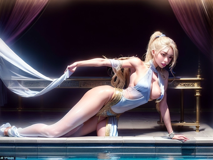 (outstanding portrait of an asian Elf noble woman with white skin:1.2), (a stunningly sexy and beautiful woman with blue eyes watching the viewer:1.4), (athletic body with toned abs seen through a transparent skimpy white silk dress:1.2), (long transparant silk cape:1.2), slender waist with smooth skin and deep cleavage, (detailed erect nipples seen through dress:1.1), (dramatic pose next to pool with arched back and raised arm exposing her bare armpit:1.4), (slim body with small breasts:1.4), luxurious and revealing white silk dress, (extremely long blonde hair in ponytail reaching to her hips:1.4), golden earrings and bracelets with precious gems, (naughty but sexy smile showing some nice white teeth:1.2), (purple eyeliner:1.2), (smokey eyeshadow:1.1),
(front view portrait with focus on face and breasts:1.4), background setting is in the garden of a luxurious marble mansion with pool and bushes, several purple flowers on trees and bushes, white skin, (face of asian Kayden Kross:1.2), (caressing her own breast:1.4),
(masterpiece:1.2), (photorealism:1.2), <lora:dpmg_add_detail:1.2>, (NSFW:1.4),
hyper-realistic, cinematic lightning, artificial lighning, great shadows, best quality, highest quality, highest resolution, 8k, Perfect composition, masterpiece, sharp focus, perfect anatomy, five detailed fingers on each hand, two arms, no ribs visible, no extra nipples, no extra ears, correctly drawn hand, not deformed hand, detailed hand, (not more than two arms:1.2), not more than two hands, no mark in forehead