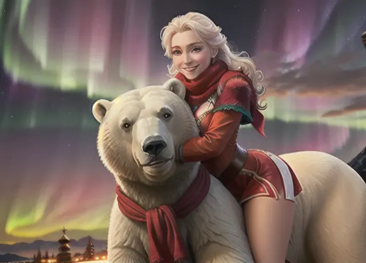 Beautiful sexy smiling Elsa of Arendelle as a supermodel hugging a big Coca-Cola polar bear. the bear which is wearing a red scarf against the backdrop of the nothern lights. photorealistic. Medium shot. low angle.