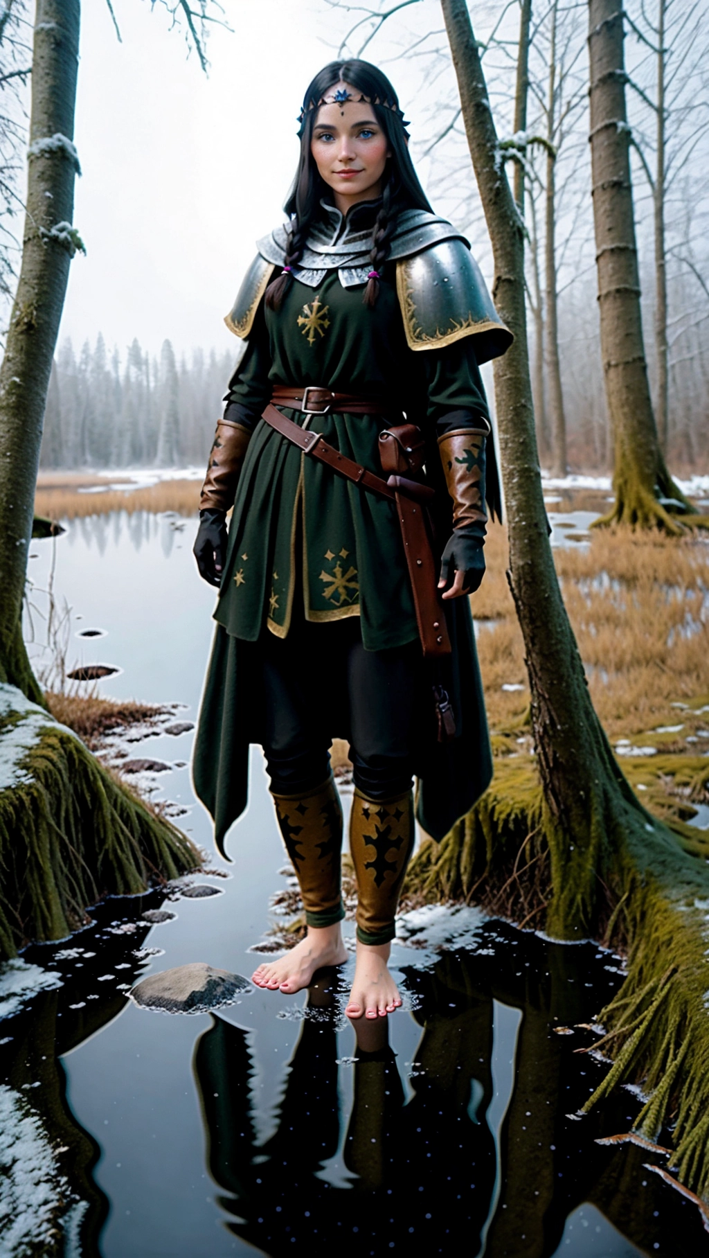 full-body image of a fit tan thin beautiful barefoot German adventurer woman with long hair wearing medieval adventurer attire while exploring an icy swamp, (beautiful petite feminine feet: 1.2), (barefoot: 1.3), (wearing black medieval adventurer attire: 1.2), (long dark hair: 1.2), (German woman: 1.3), (icy swamp: 1.3), (black toenails: 1.2), (gloves: 1.2), (tights: 1.2), (magic markings on feet: 1.4), (sassy smirk: 1.2),