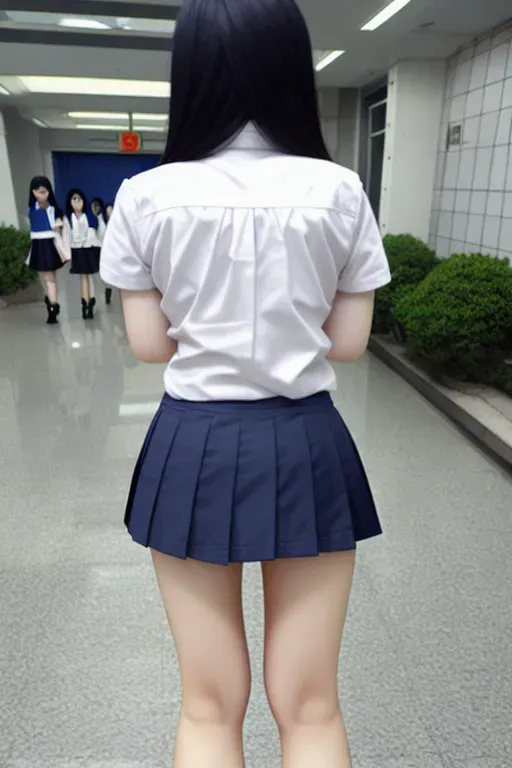 Photo realism of young Asian student in short skirt, back view
