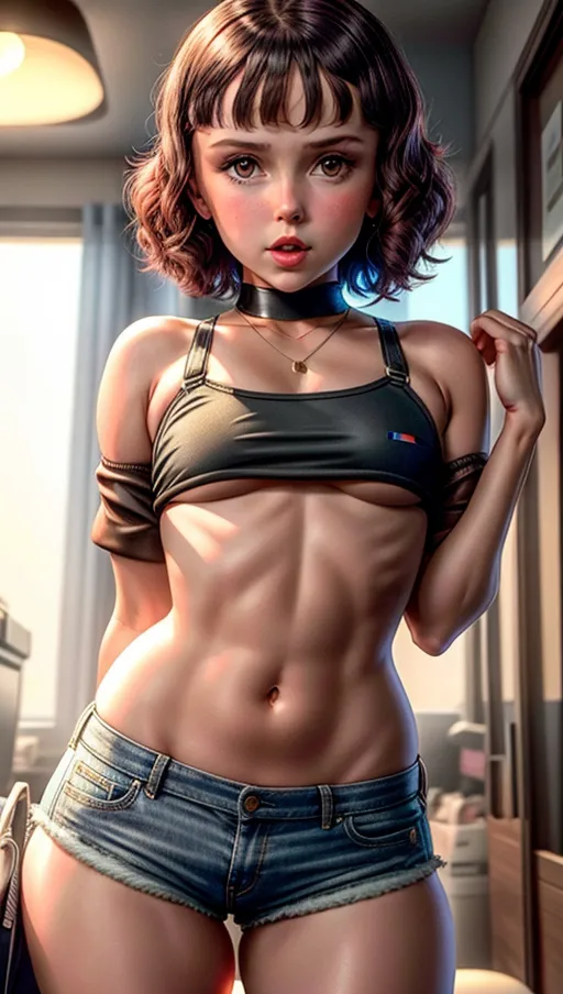 Millie Bobby Brown, asshole, butt, spread buttcheeks, mini short shorts, butt cheeks poking out of micro shorts, tight mini crop to exposed underboob, <lora:dpmg_add_detail:1>