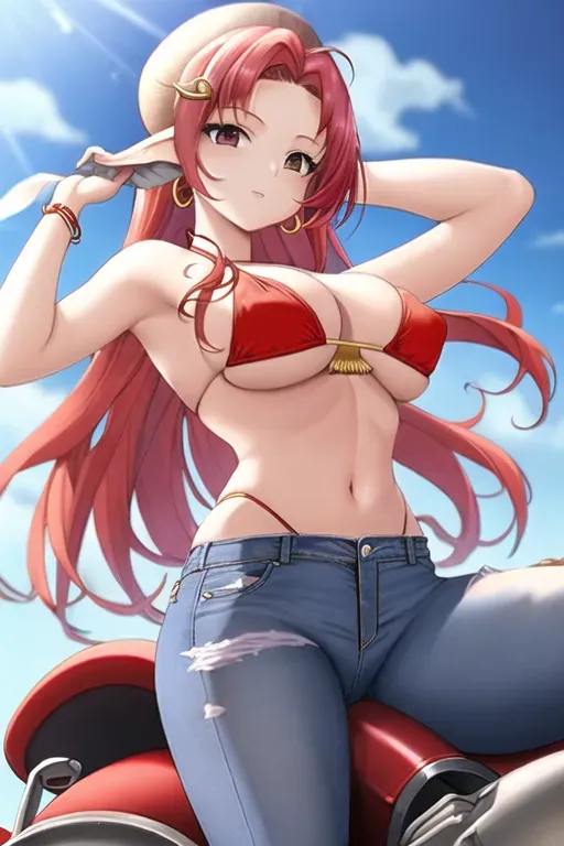 Malon, busty, bikini top, jeans, pants, red hair, riding, penis