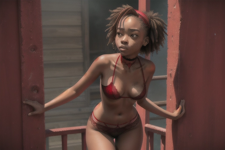 topless woman 18, (boondocks), african american, smaller average breast, big ass, open pussy, freckles, red lace panties, look down, black and red laced choker, red and black elastic band attached to sheer red lace goes under arms and over breast