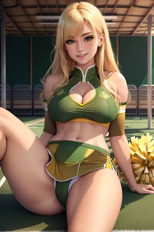 A blonde haired girl with brown eyes wearing a green and gold cheerleader uniform with one of her boobs hanging out laying under the bleachers with her legs spread
