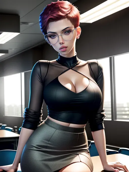 realistic 8k HD photograph, (((scarlett johansson)))((((accurate face)))),(((as a seductive college professor)))(((sitting on a desk in a college classroom))),((smirking))(((tight blouse)))(((wearing glasses)))(((tight bodycon skirt))),((very sexy pose)),(((perky breasts))),(((slender athletic body))),(((very short pixie buzz cut hair))) five slender fingers, beautiful face, beautiful lips,detailed large eyes,curved eyebrows,cgsociety,cinematic lighting,studio lighting,professional,editorial,<lora:dpmg_round_glasses:1.5>