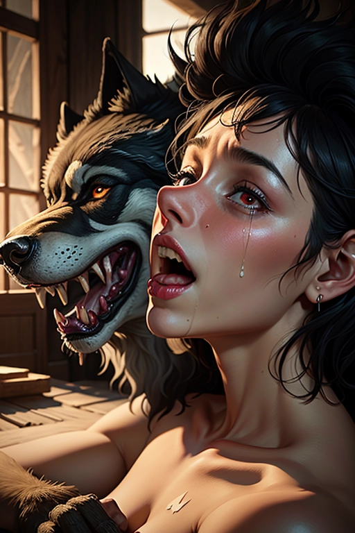 fairy tale, 1 big bad wolf, 1 nude woman, woman is being rough fucked by an (anthropomorphic (muscular male) wolf:1.4) having ((((black fur) over his arms))), large carnivorous teeths, predatory eyes, large male genital, he looks particularly perverted and sadic, ((saliva driping from his snout)), <lora:dpmg_fucked_from_behind:1>,
(woman has short bob haircut black hair:1), (woman is really scared:1), (woman is crying),
At nightfall, inside the cute ancient wooden grandma house,
five fingers per hand, soft natural light, cinematic composition, 32k, HDR, highest quality, highest resolution, soft, (soft edges), (soft lines), (realistic:1),