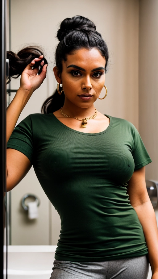 Create a photo for aspect-ratio of 9 to 16,
of a young solo Sinti Woman, close up, (low angle front view),
( in washroom), pulling off her t-shirt, <lora:dpmg_shirt_pull:1>
round face, small body, thin body, ((very busty)), dark skin, dark eyes, dark hair in a messy updo,
((She has natural light brown thin eyebrows with a soft thin arch and natural thickness neatly groomed with wispy ends.)),
pierced nose, nose ring jewelry, necklace, golden earrings, no makeup, skin with some freckles and moles,
((oversized green t-shirt)), sport bra, black tight leggins, sneakers