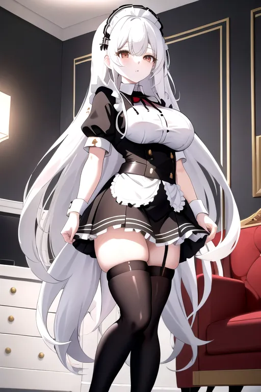 long hair, white hair, brown eyes, miniskirt, black maid uniform, giant breasts, looking at viewer, in living room, high heels, pale skin, thigh high boots