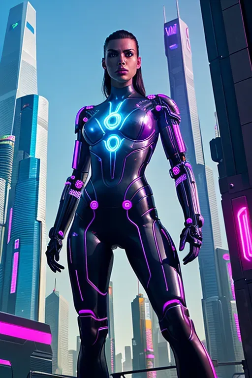 In this mesmerizing high-definition image, an athletic woman emerges as a naked cyberpunk warrior amidst a futuristic urban backdrop. Her toned physique glistens with a sleek metallic sheen, blending seamlessly with her cybernetic enhancements. Against a neon-lit cityscape, she exudes both strength and elegance, a symbol of fierce determination and the embodiment of a cybernetic future.
