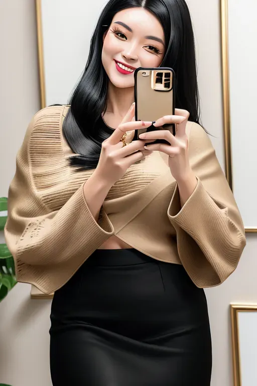 Happy girl with black hair taking selfie in a beige corderoy poncho and black pencil skirt, professional photo shoot, highly detailed, high quality picture