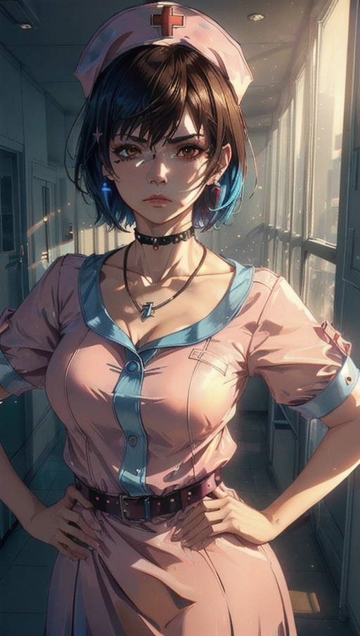 (Best Quality, photorealism, masterpiece trending on artstation), 1 adult woman, (a breathtaking high contrast masterpiece extreme close up portrait of a woman standing over a hospital bed grumpily with hands on hip, dimly lit dark clinic with white walls), (long pink nurse outfit, short deep blue straight hair, perfect hands on hip:1.2),
(correct slender human anatomy), ((extremely detailed brown eyes half closed and looking at viewer:1.4)), ((extremely detailed face with grumpy and tired expression:1.4)), (beautiful detailed full lips:1.24), (extremely zoomed in detailed view of high quality face:1.37),
(Dark lighting creating a high contrast surreal and abstract feel), (serene feel, longing and lost, ethereal), high contrast, high quality fingers with nails, ((tae takemi pink nurse outfit with short deep blue hair, studded choker, necklace, messy hair do, nurse hat)), (short blue straight hair, goth make up:1.3),
Dull indoor fluorescent lighting, vivid colours, close up shot with cinematic composition of a woman standing over a hospital bed, soft focus, sharp and clear image, (candid:1.1), (flat shading stylised art:1.21), <lora:dpmg_add_detail:0.3>, (physically-based ray tracing, photon mapping, photorealistic:1.45), ((high resolution masterpiece, 4K, HDR, UHD:1.45)), (medical clinic with white walls), trending on artstation