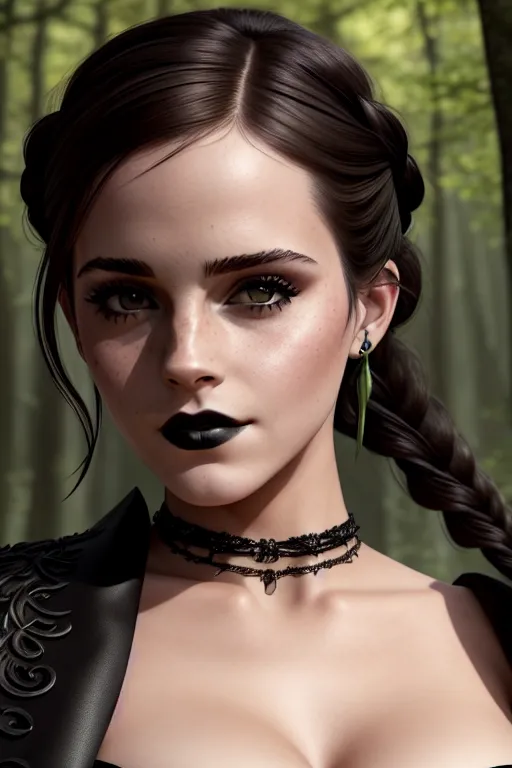a illustration of,emma watson,wearing goth clothing,doing sexy pose,in the forest,big breasts,five fingers per hand,braids hair,gorgeous face,beautiful lips,green eyes,curved eyebrows,textured skin,erotic,tattoo,bokeh,artstation,studio lighting,editorial,ultra realistic