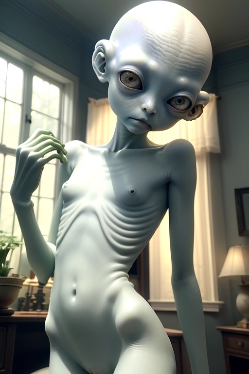naked 18-year-old very slender young beautiful tiny gentle tree-frog alien Aria Haze in a dark ambient antique bedroom. Guillermo Del Toro film Pans Labyrinth style. she has smooth fair alabaster ivory skin, a huge bulbous bald alien head and a tiny body. she has beautiful huge black obsidian eyes. she is fingering her anus for me. rear view. realistic.