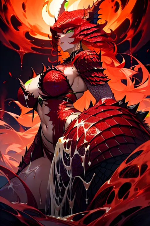 A stunning woman, embodying the allure of the Tarrasque, possesses a commanding presence. Her hair, like molten lava, cascades in fiery waves down her back. Her eyes gleam with the intensity of smoldering embers, drawing you in with their depth and intensity. Her skin, an otherworldly shade of iridescent green, shimmers like the scales of the mythical beast itself. Her lips are the color of rich crimson rubies, inviting and captivating. Her physique is both graceful and powerful, with a natural, elegant beauty that mirrors the Tarrasques fearsome grandeur. She exudes an irresistible charm that leaves an indelible mark on all who encounter her. Now please design this woman being covered in cum while in a hard orgasam, <lora:bukkake:1>,