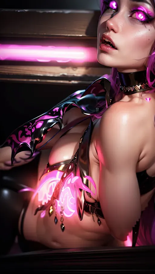 ((((succubus)))), eyelashes, best quality, (((ultra high res))), (detailed face and eyes), perfect boobs, perfect body, seductive, very long hair, ((black hair)), latex, charming, giant magical necklace, pink magic force, corruption, (((long succubus tail))), (purple latex gloves), pink glowing nails, choker with heart, (heart shaped nipple patch), ((pink glowing heart)), magic spell, all fours