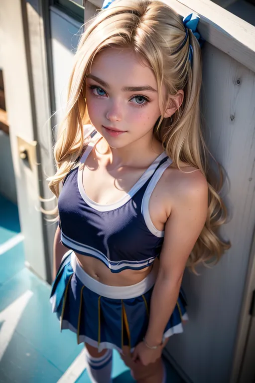 (small breasts:1.5), Real imperfect looking face, Imperfect hair, 18 years old, Natural blonde hair, highly detailed face, mouth and eyes,
(((Shot from above))), whole body in frame,
cheerleader, white and blue amateur cheerleader uniform, plaited skirt, smiling,
Standing in an open doorway, park in background,
(best quality), <lora:dpmg_add_detail:0.5>,beautiful,(high resolution), (((masterpiece))), (uhd), (8k)
