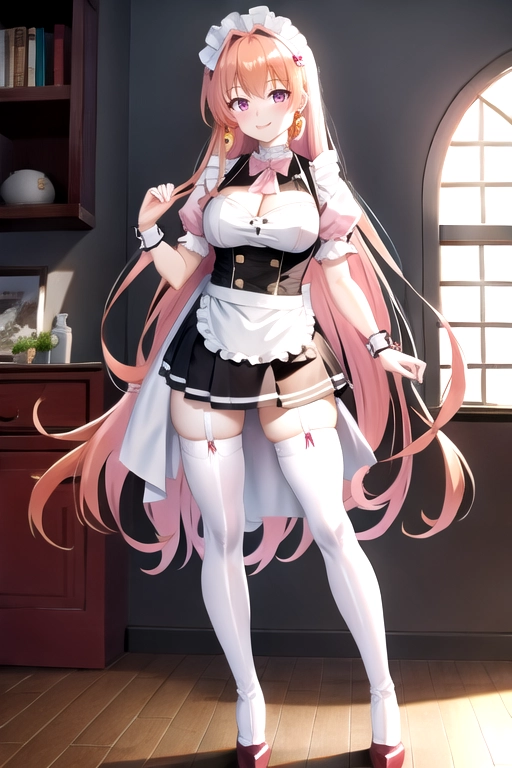 8k quality, pink eyes, pale white skin, orange hair, giant breasts, cleavage, looking at viewer, pov, long hair, wavy hair, full body photo, standing in living room, smiling, maid outfit, miniskirt, asian, thigh high boots, high heels