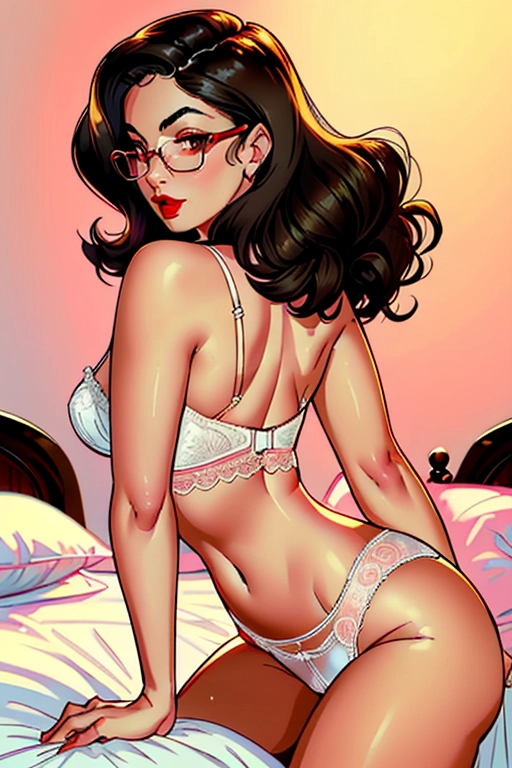 1950s, Beautiful, sexy, submissive, sensitive, aroused, christian, housewife, long brunette hair, 50s hair style, round glasses, Alexandria Ocasio-Cortez, full lush red lips, soft and curvy build, small perky breasts, thin waist, thicc ass, full thighs, smooth legs, cute feet, pink scruffled unbuttoned blouse, white 50s style bra, cleavage, cute white 50s style high waist panties, cameltoe, thicc hips, laying down on the bed, inviting me to impregnate her, in the bedroom, masturbating, playing with and rubbing her pussy and crotch, dim lighting in the room, beautiful fluffy bed, ((high definition)), ((4k quality)), ((excellent lighting)), ((great shading)), ((pristine detail)), ((really clear picture)), ((beautiful vibrant colors)), ((accurate at lower prompt guidence)), ((ultra realistic)), (((five fingers per hand))), (((two arms per person))), (((two legs per person))), (((two hands per person))), (((two feet per person))), ((((100 percent according to prompt))))
