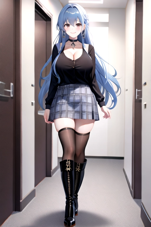 8k quality, brown eyes, pale white skin, blue hair, giant breasts, cleavage, looking at viewer, pov, long hair, wavy hair, full body photo, standing in room, smiling, black shirt, blue plaid miniskirt, high heels, knee high boots, choker