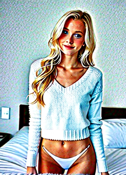 18 years old, beautiful girl, long blonde hair, rounded blue eyes, big rounded boobs, small waist, anorexic body, full lips, rounded butt, wearing a loose sweter and a white thong, in a bedroom, sexy pose
