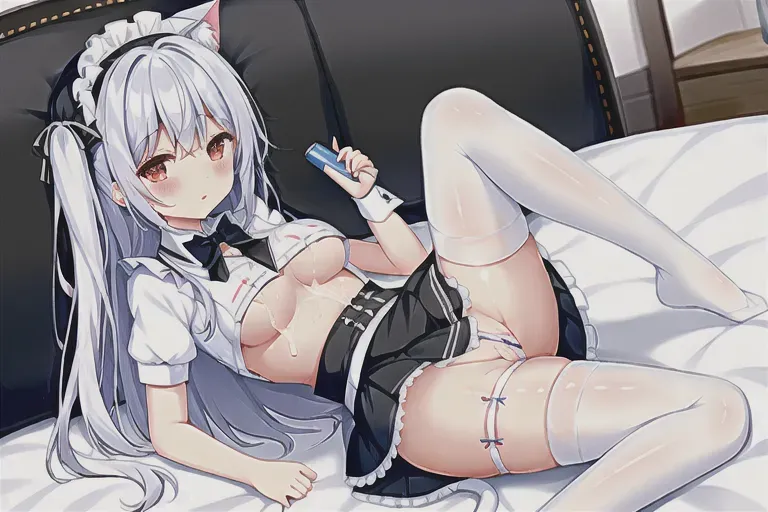 cat maid, on dildo, pussy, mini skirt, boobs medium, white skin color, sexy, milk out of tits, cum, cum, cum, squirt