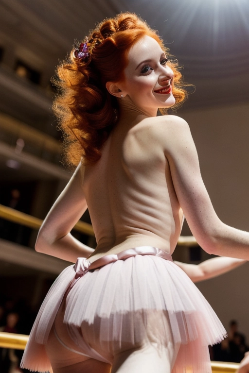 a professional photograph of, a lithe gorgeous thin redhead skinny goddess, naked, sexually aroused, sexually excited, wearing only a stiff crinoline tutu ,((all-fours looking over her shoulder at the camera lens)), on a ballet dance stage at the metropolitan ballet theatre, ((nice ass)), (((showing vulva))),five fingers per hand,updo hairstyle ,beautiful face, full makeup, textured skin,libidinous expression, licentious smile, looking into the camera lens, professional camera and lens,bokeh,sharp sharp focus