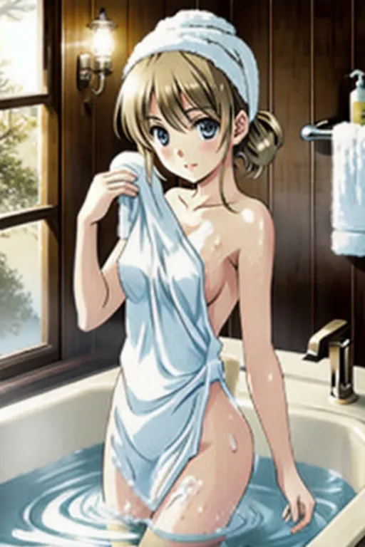 naked young woman holding soapy washcloth, bath