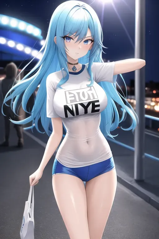 photograph, 20 year old, an anime girl, slim, t-shirt, blue, night club, day time, sunlight, serious, 8k, professional