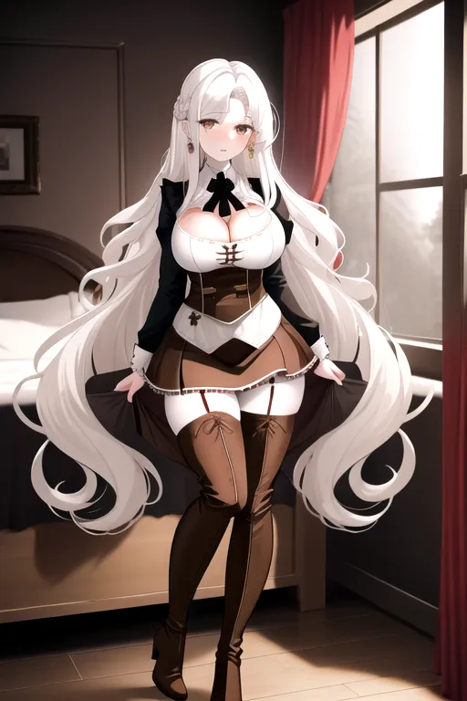 brown maid uniform, wavy hair, long hair, white hair, brown eyes, high heels, miniskirt, in bedroom, 4k, looking at viewer, pov, 1girl, cleavage, giant breasts, pale skin, earrings, thigh high boots